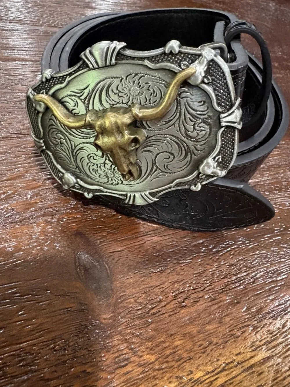 Black Paisley Western Blet with Longhorn Silver Antique Gold Buckle NEW Cowboy